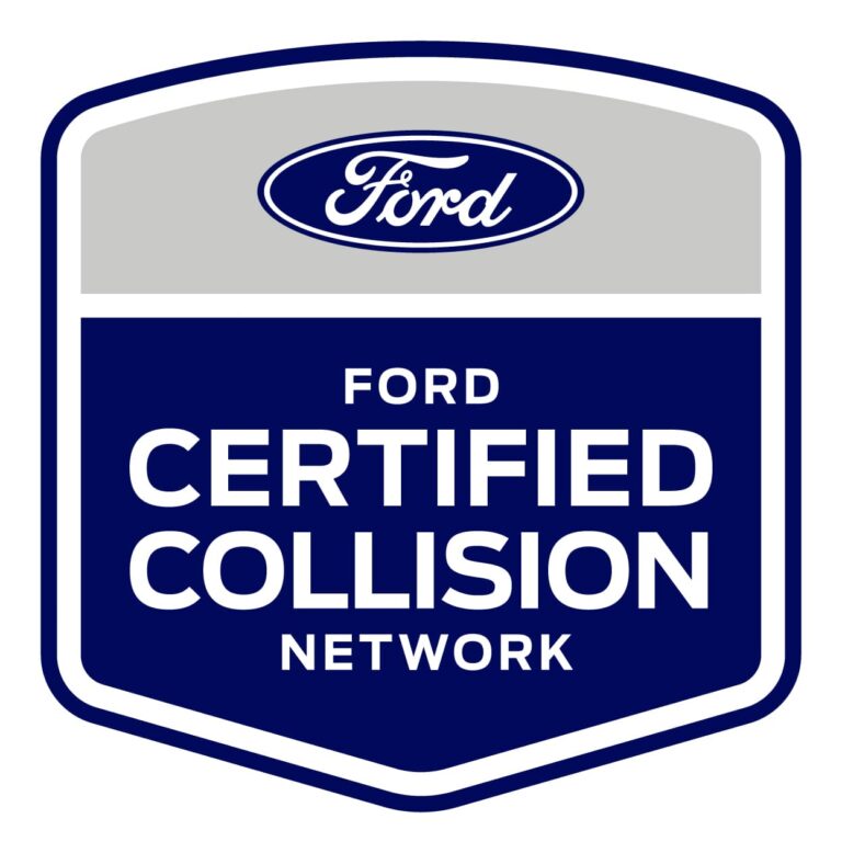 The image shows the Ford Certified Collision Network logo, which is a blue and white badge with the Ford logo and text that says 'Ford Certified Collision Network'.