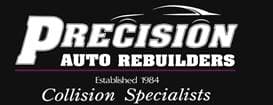 A logo for Precision Auto Rebuilders, which appears to be a collision repair shop, with the text 'Collision Specialists' below the logo.