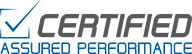 The image shows the Certified Assured Performance logo, which is a blue and white badge with the text 'CERTIFIED ASSURED PERFORMANCE'.