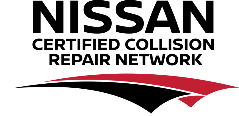 The image shows the Nissan Certified Collision Repair Network logo, which is a black and red badge with the Nissan logo and text that says 'Certified Collision Repair Network'.